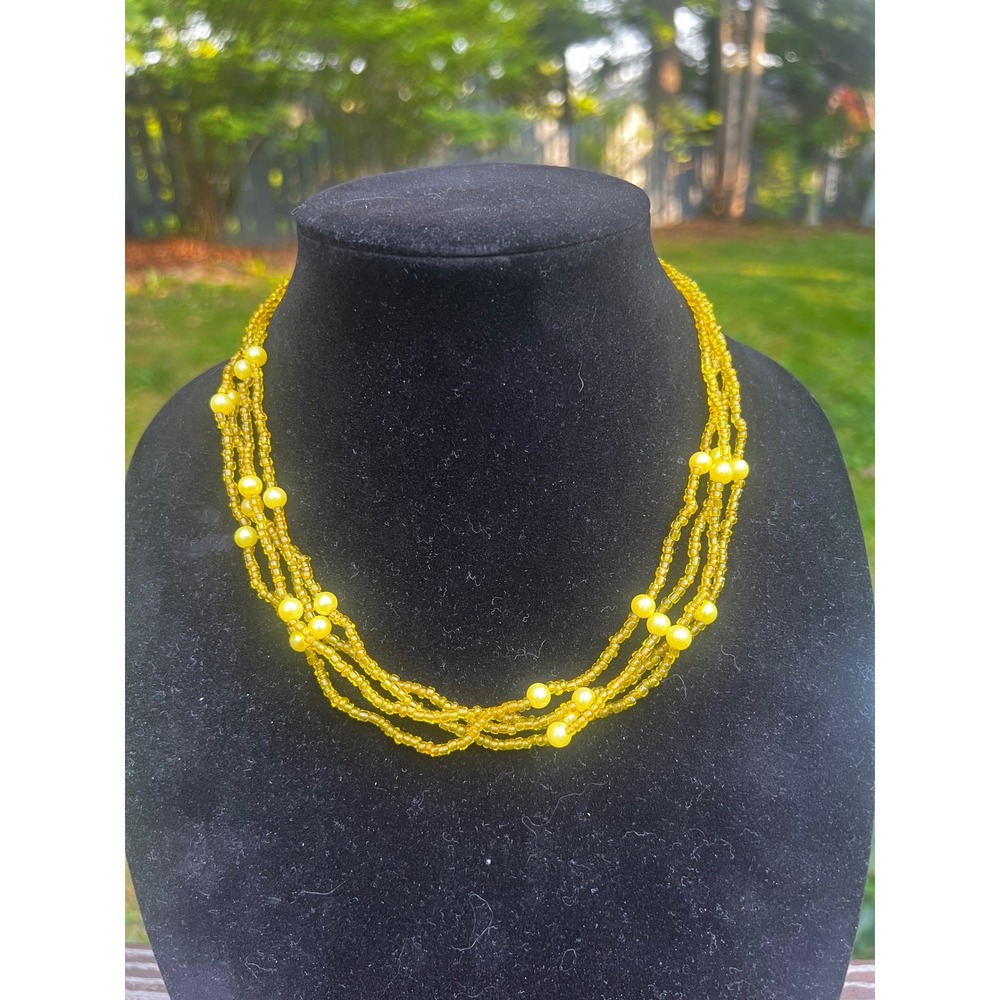 Vintage Yellow Multi Strand Seed Bead Necklace Boho Layered Statement Necklace‎